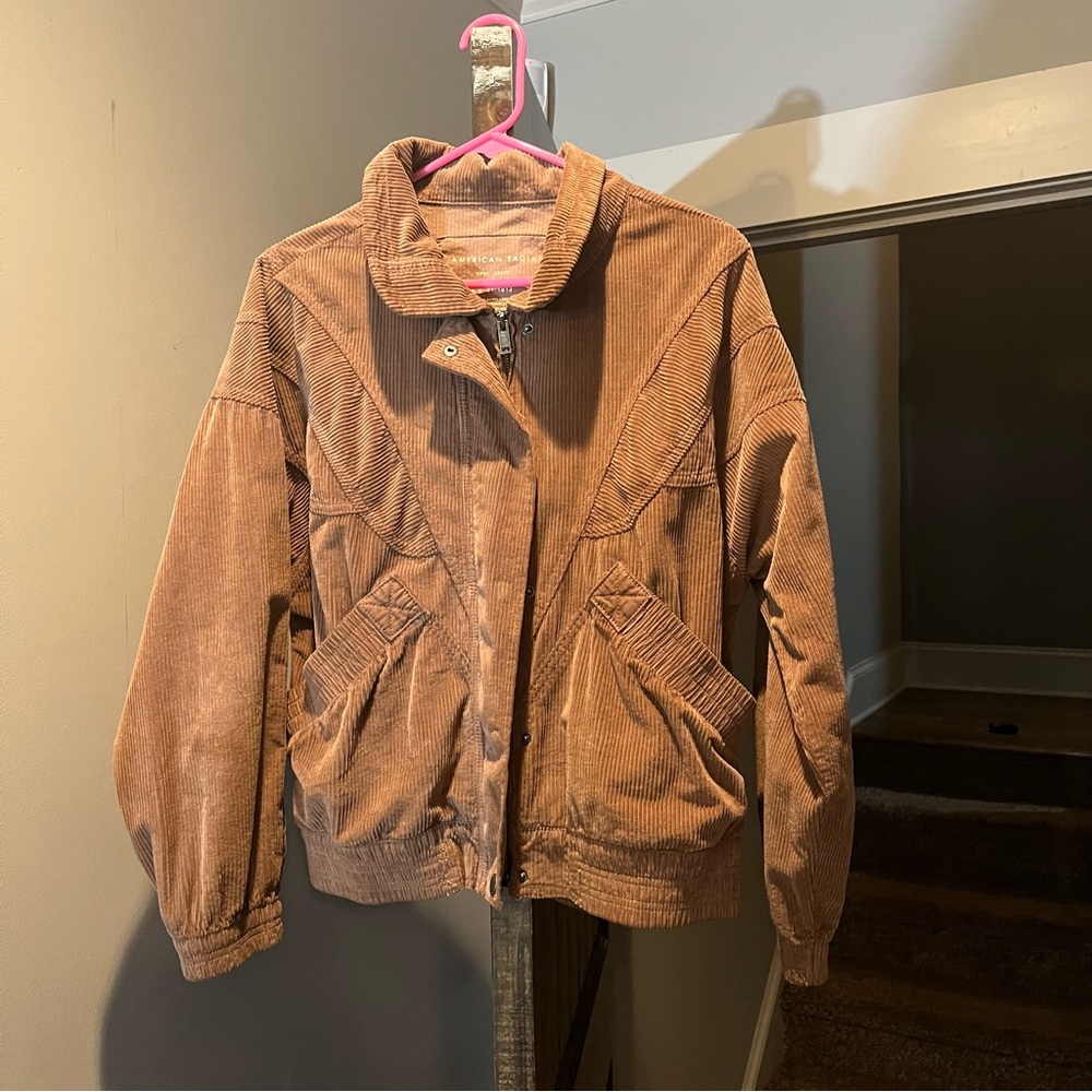 Small corduroy tan full zip bomber style jacket perfect for fall and layering